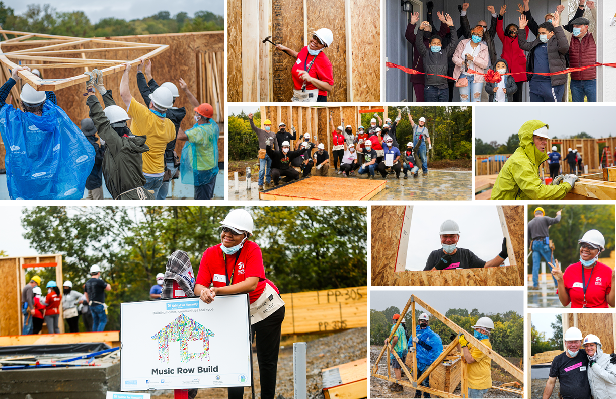 A collage of volunteers building a house