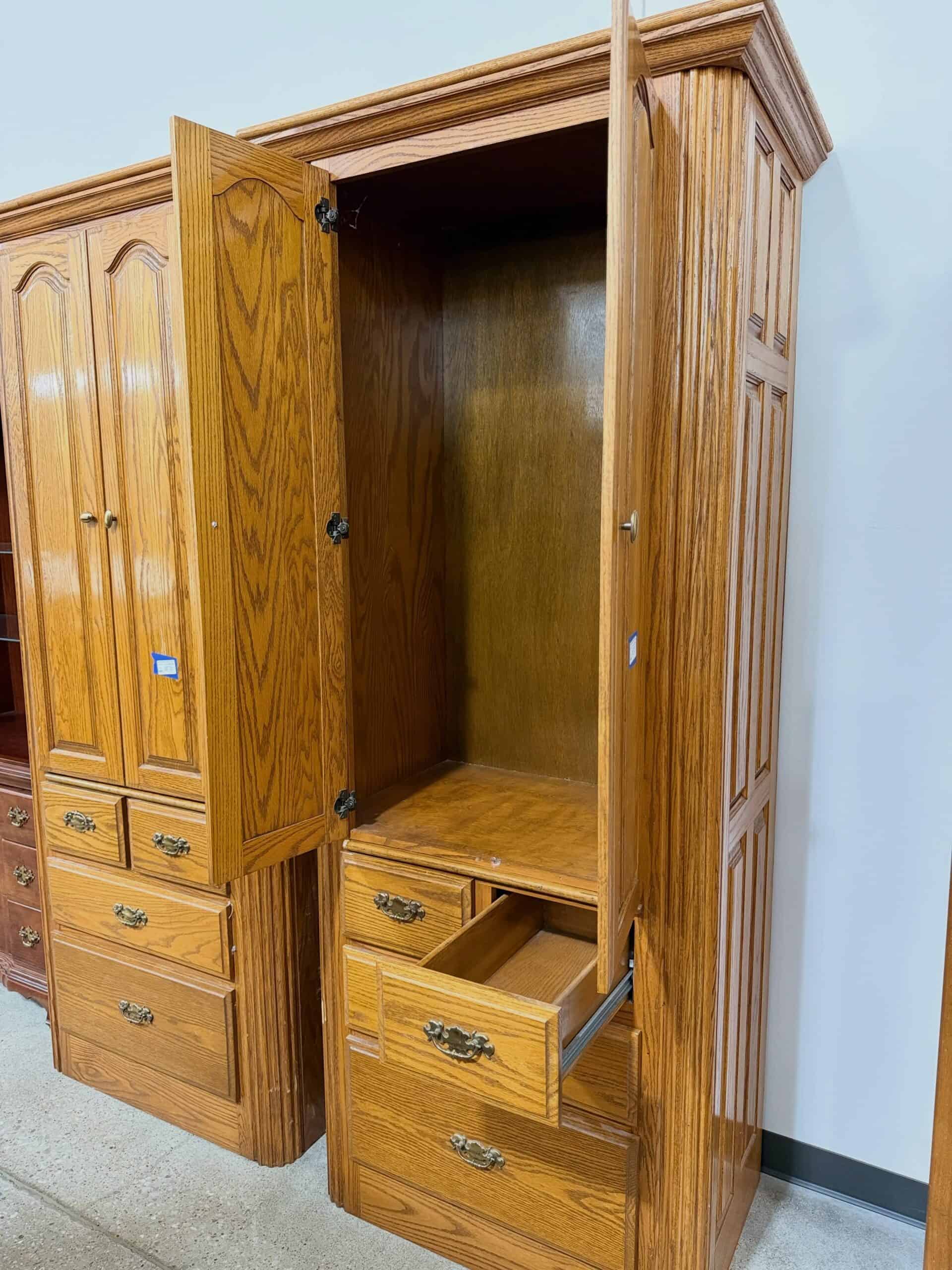 Solid Oak Wardrobe Armoire with Drawer Storage (Matching Pair) - Image 2