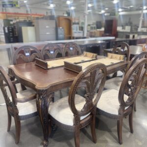 Ornate Traditional Wood Dining Table Set with Upholstered Chairs