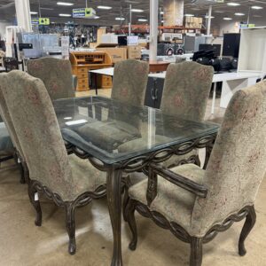 Glass-Top Dining Table & 6 Upholstered Chairs
