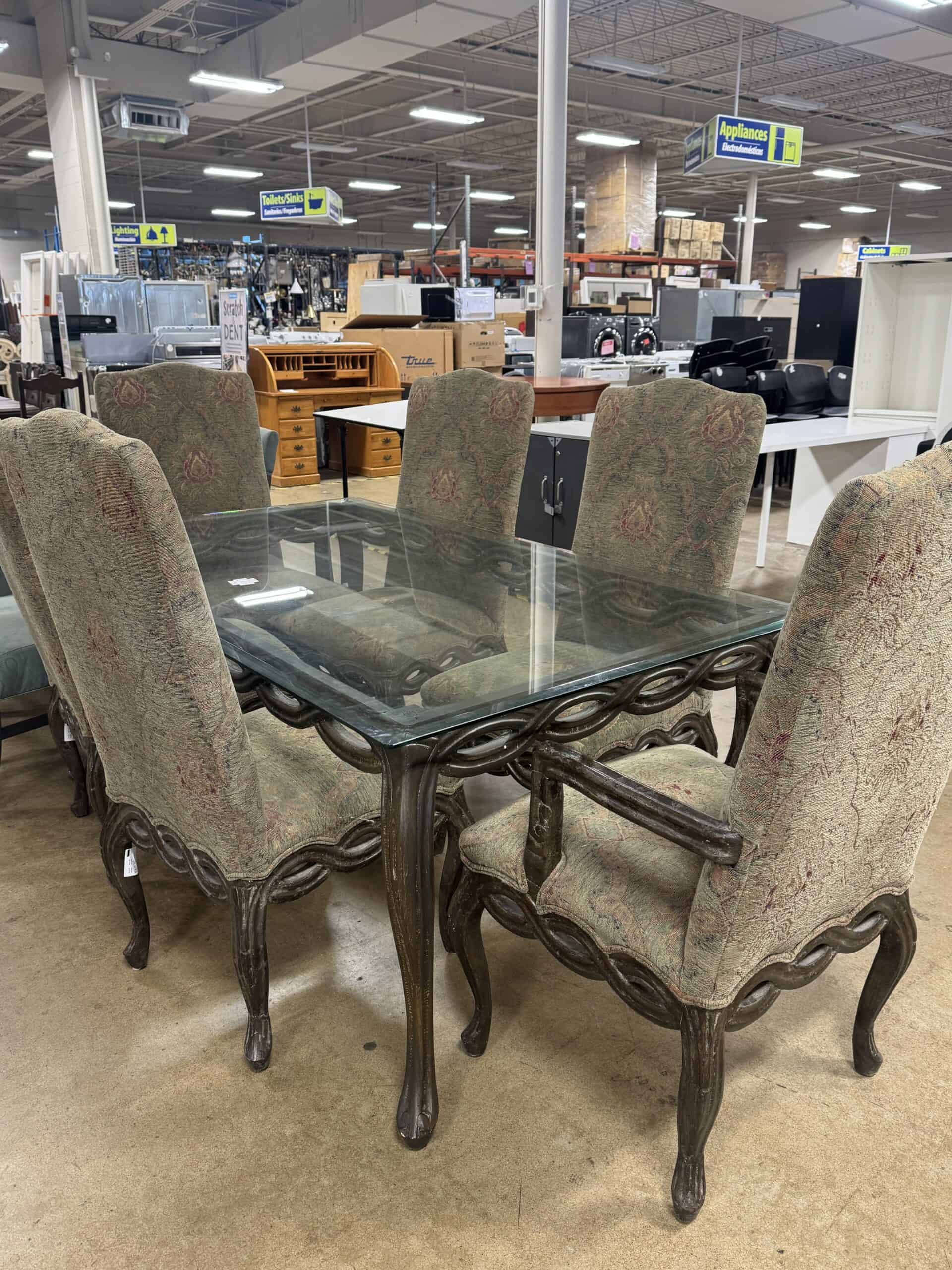 Glass-Top Dining Table & 6 Upholstered Chairs